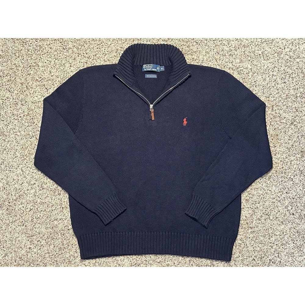 Polo Ralph Lauren Pima Cotton Knit 1/4 Zip Italian Yarn Navy Blue XL